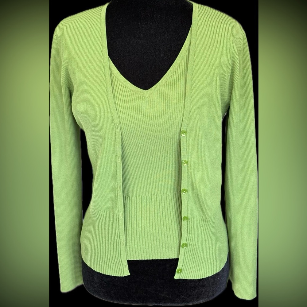Y2K Preppy Madison & Max Lime Green Ribbed Cardigan & Tank Set - Size M (UK)